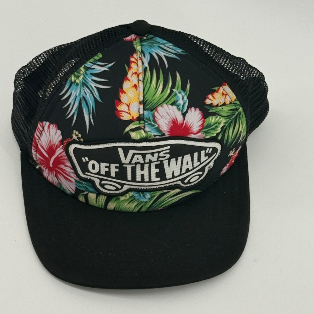 Vans Off The Wall Trucker Hat Black Floral Tropical Hibiscus Snapback Cap